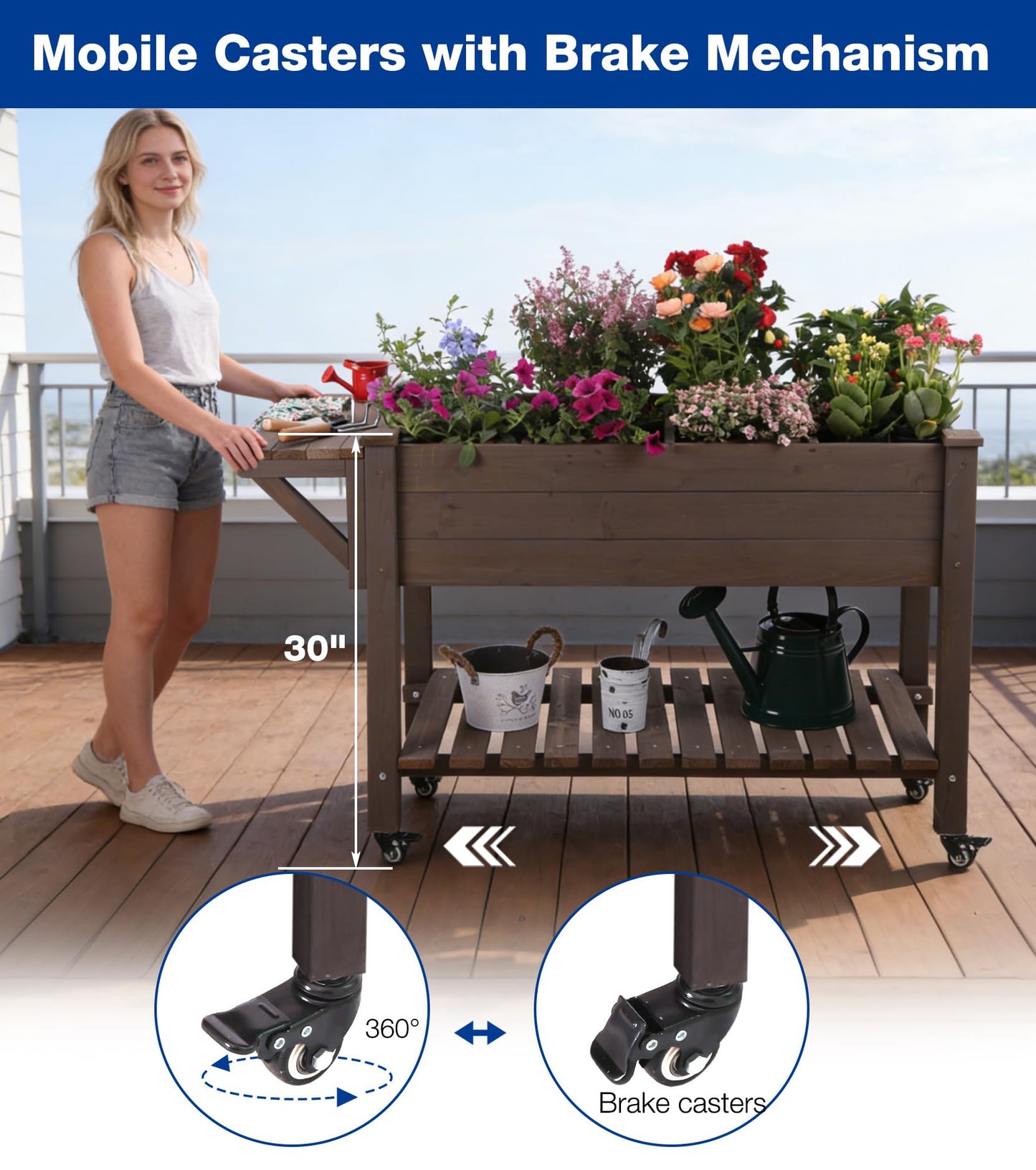 Joyqinchen Raised Garden Bed Outdoor with Wheels, 52.7" Elevated Wooden Garden Bed with 8 Planter Boxes, Removable Dividers, Storage Shelf, Standing Mobile Planter with Non-Woven Liner