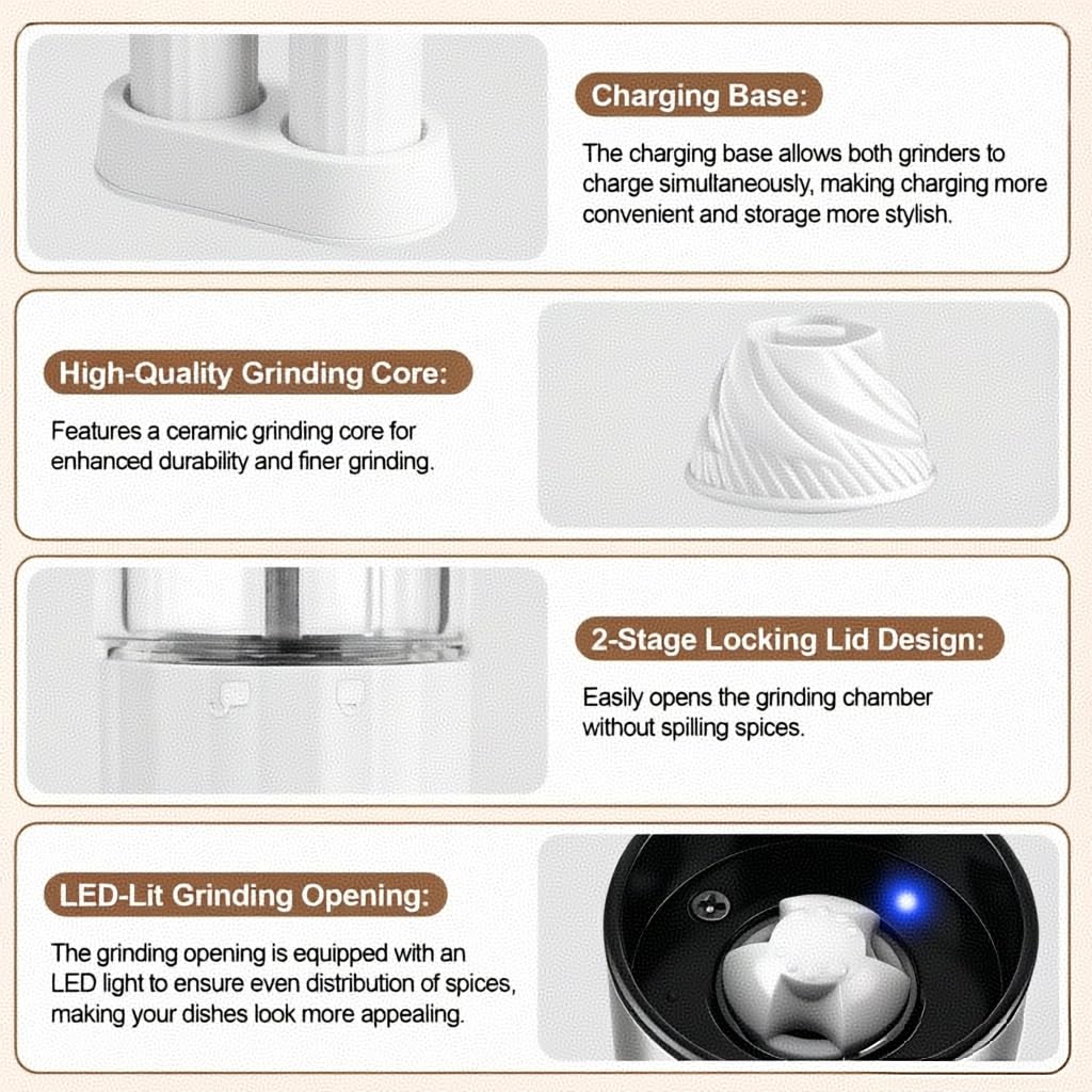 Electric Salt and Pepper Grinder Set, Adjustable Coarseness & Rechargeable, 110ml 2-Pack White Ceramic Core Grinders, Housewarming & Birthday Gifts for Women, Kitchen Gadgets