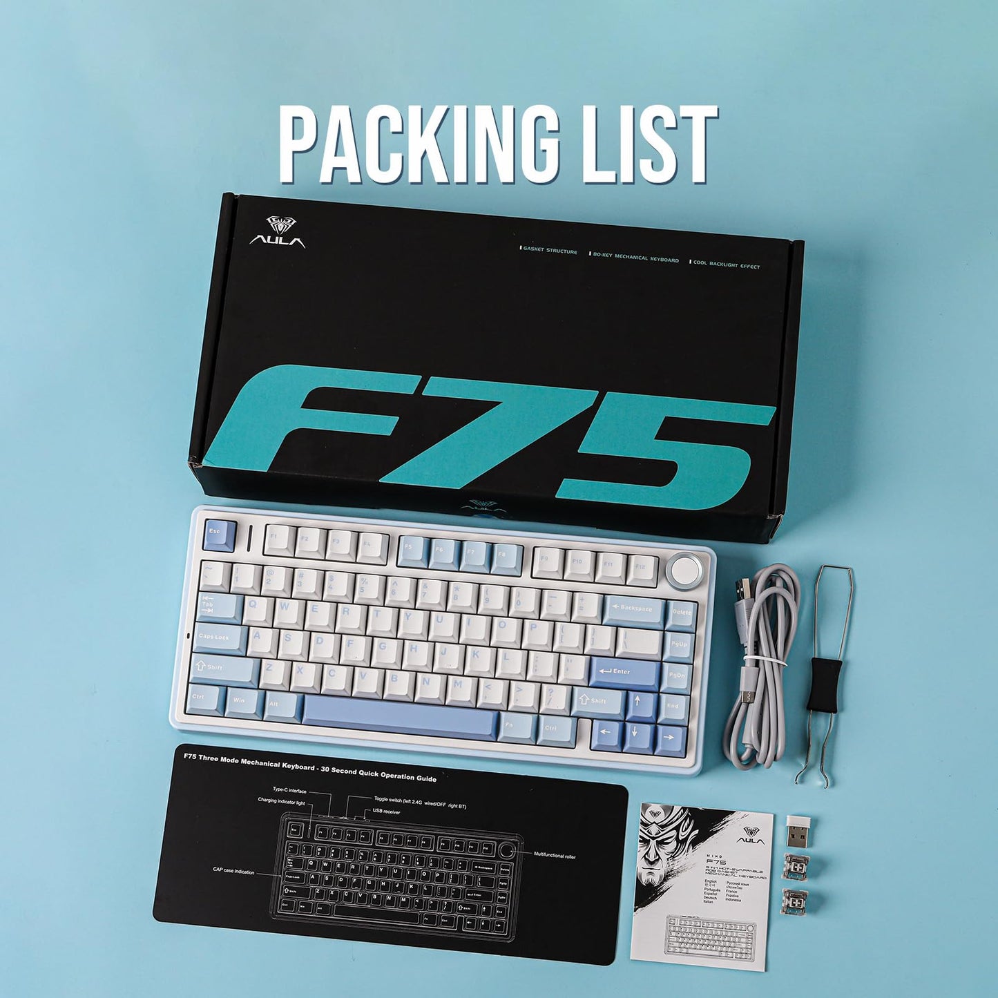 EPOMAKER x Aula F75 Gasket Mechanical Keyboard, 75% Wireless Hot Swappable Gaming Keyboard with Five-Layer Padding&Knob, Bluetooth/2.4GHz/USB-C, RGB (Light Blue, LEOBOG Reaper Switch)