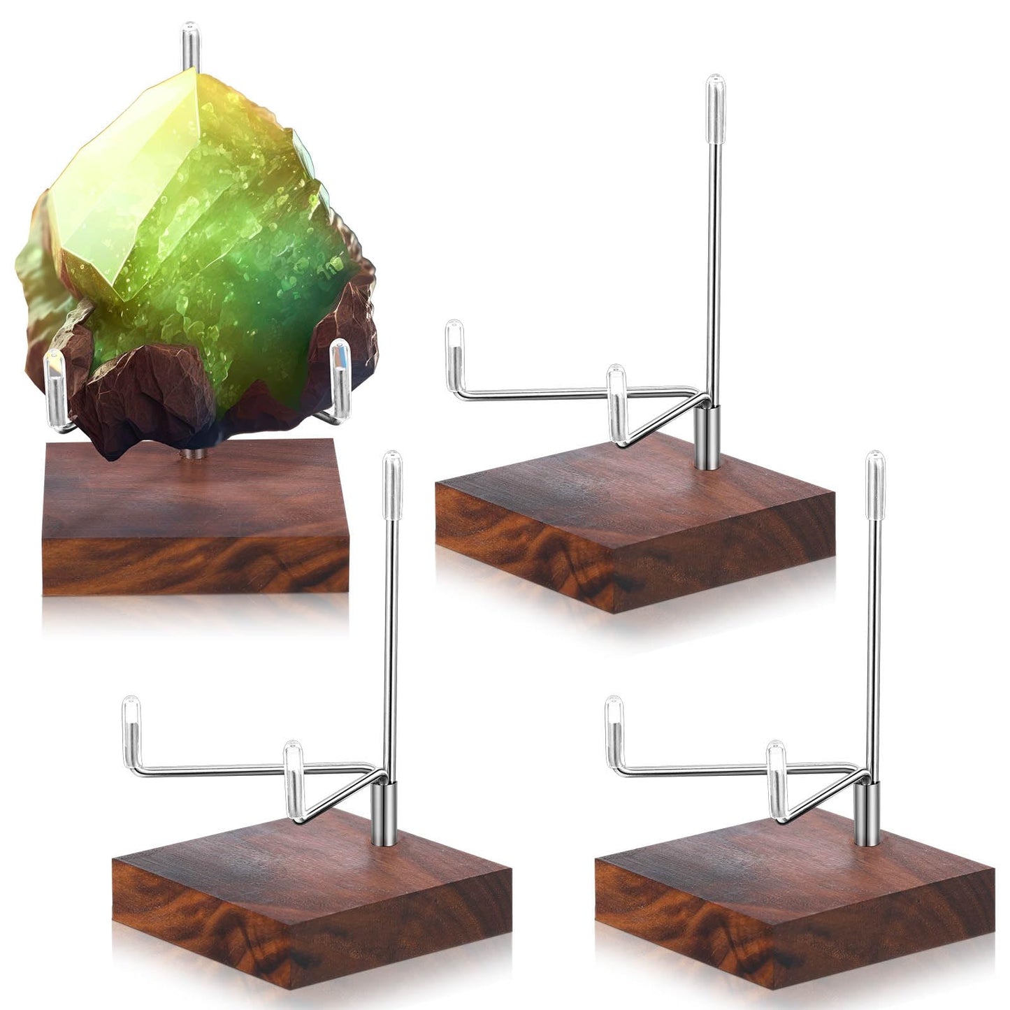 Wenqik 4 Pcs Crystal Display Stand Rock Display Stand Adjustable Metal Arms with Wooden Base Geodes Rock Agate Mineral Easel Holder for Collectibles(2.56 x 2.56 x 4.33 Inch,Silver)