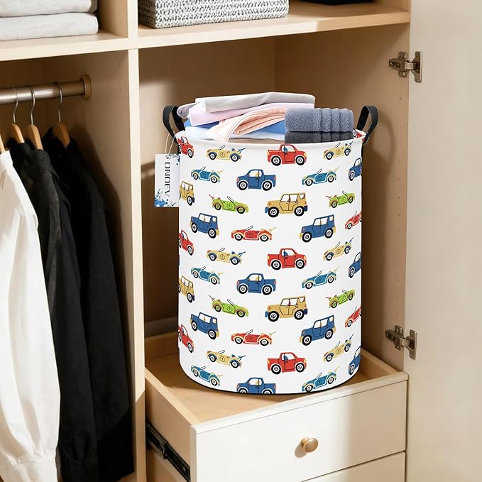 Round Foldable Kids' Racing Cars Laundry Hamper Boys Gift Basket Vehicles
