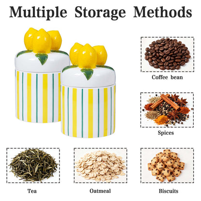 Iryanthos Cookie Jar with Airtight Lid, 16.2 fl oz Personalized Ceramic Food Storage Containers with Lemon-shaped Lid for Kitchen Countertop Decor, For Sugar Tea Coffee Spices Nut Honey - 2 pieces Set