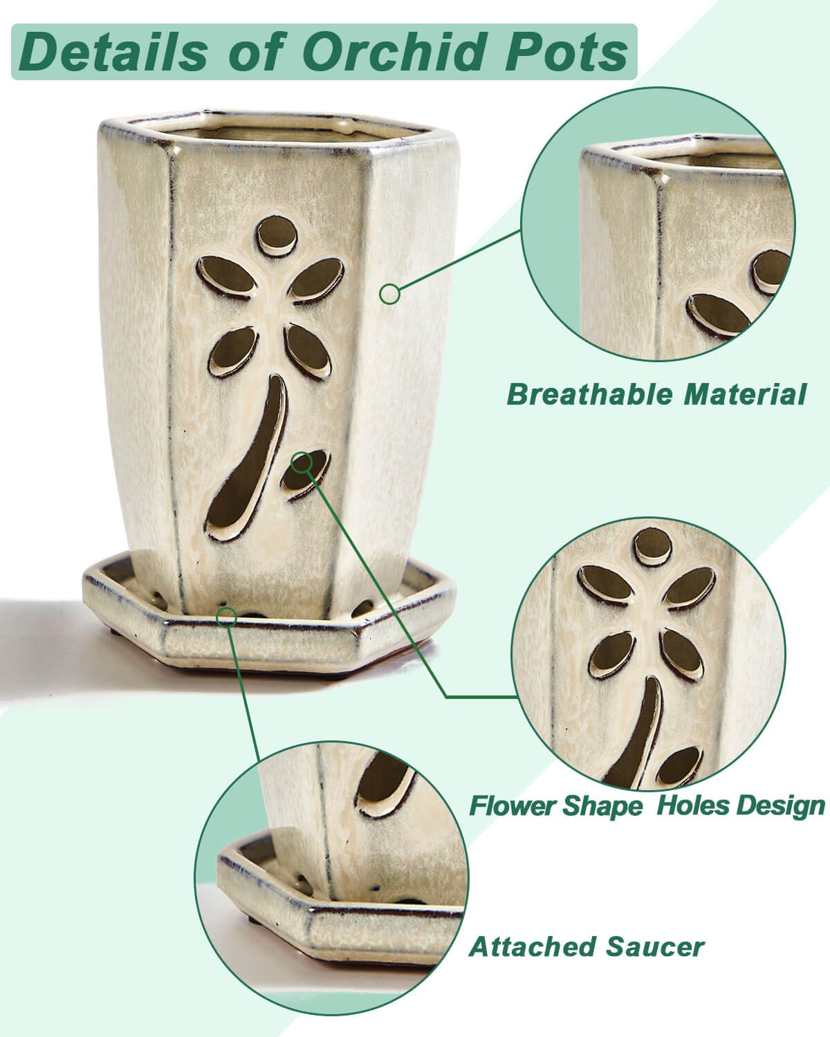 vensovo 4 Inch Ceramic Orchid Pot with Holes and Attached Saucer, Small Hexagon Orchid Planter for Repotting, Promotes Air Circulation and Drainage for Healthy Roots, Indoor Outdoor, Milk White