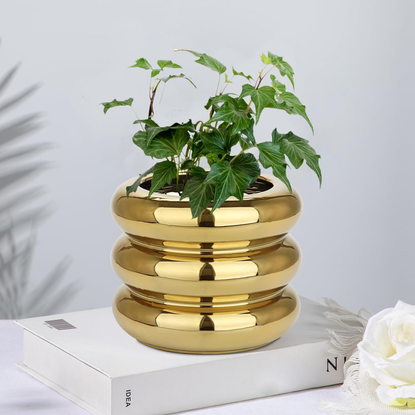 Briful Gold Ceramic Planter Pot with Drainage Hole 6in Polished Tiered Bubble Flower Planter Garden Pot for Indoor Plants Modern Home Office Decor