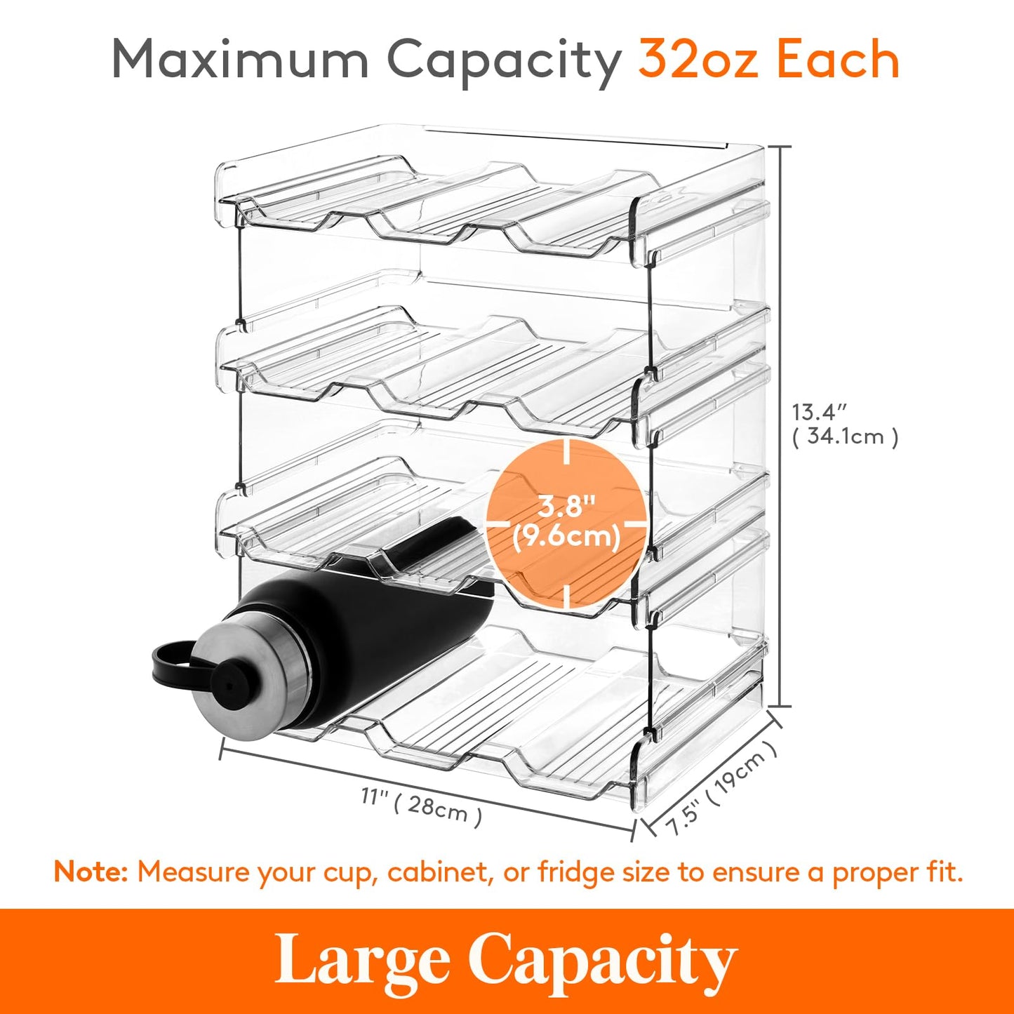 Lifewit Stackable Water Bottle Organizer for Cabinet, Plastic Bottle Holder Fits Bottles & Tumblers up to 3.8" Diameter, Pantry, Countertop & Fridge, Holds 6 Bottles