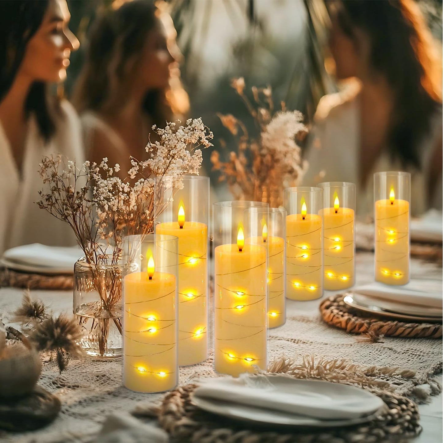 CAKETYCG 24 Pcs LED Flameless Candles with Remote, 3D Flickering Flame & LED String Lights, Acrylic Clear Cylinder, Timer Function, Romantic Ambience for Home Decor, Party, Wedding (Ivory).