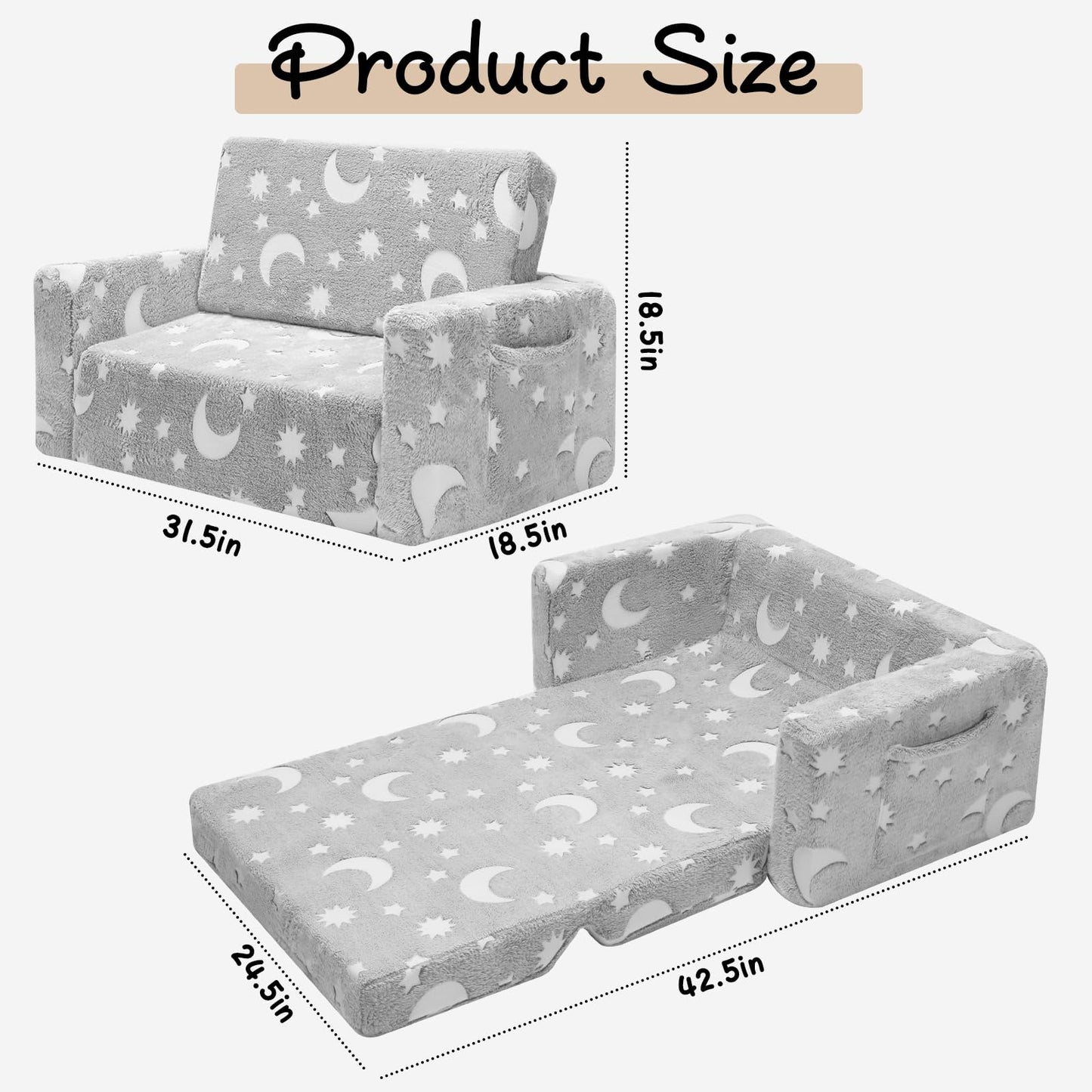 SLIGUY Kids Chair, Toddler Couch, Fold Out Sofa Chair, Toddlers Convertible Sofa to Lounger Pull Out Couch, Glow in The Dark Sofa Chair for Boys and Girls Large (Grey)