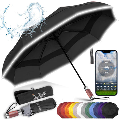 Royal Walk Windproof Folding Travel Umbrella Compact and Strong Luxurious Real Wood Handle Automatic Open Close Vented Double Canopy for Men and Women (Black)