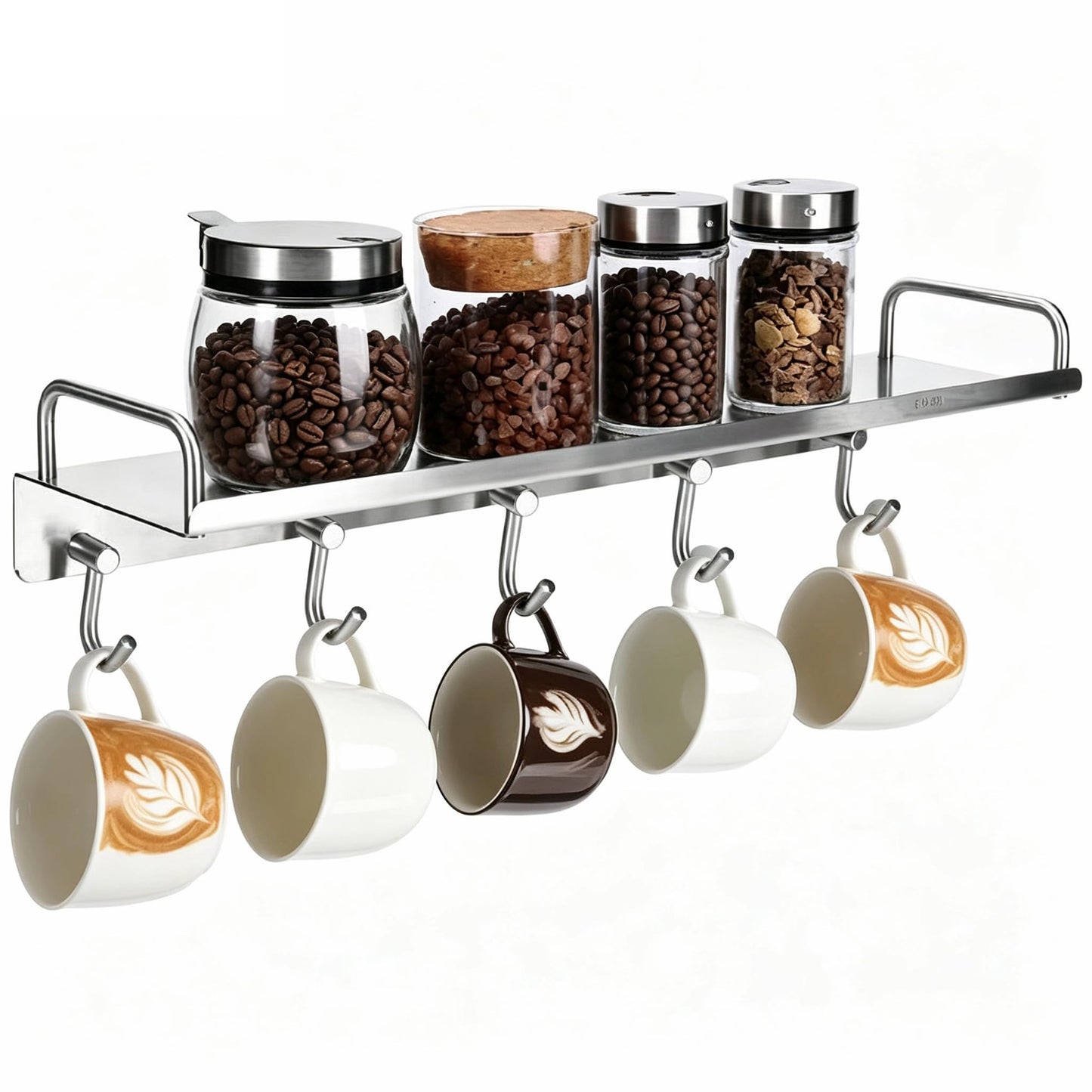 Spice Holder Rack, Coffee Mugs Storager Rack for Glass Jars Bottles, 304 Stainless Steel Shelf, Heavy Duty Kitchen Organizer Wall Mounted, Pots Pans Hanger Holder, 16 Inch With 5 Hooks (Silver)
