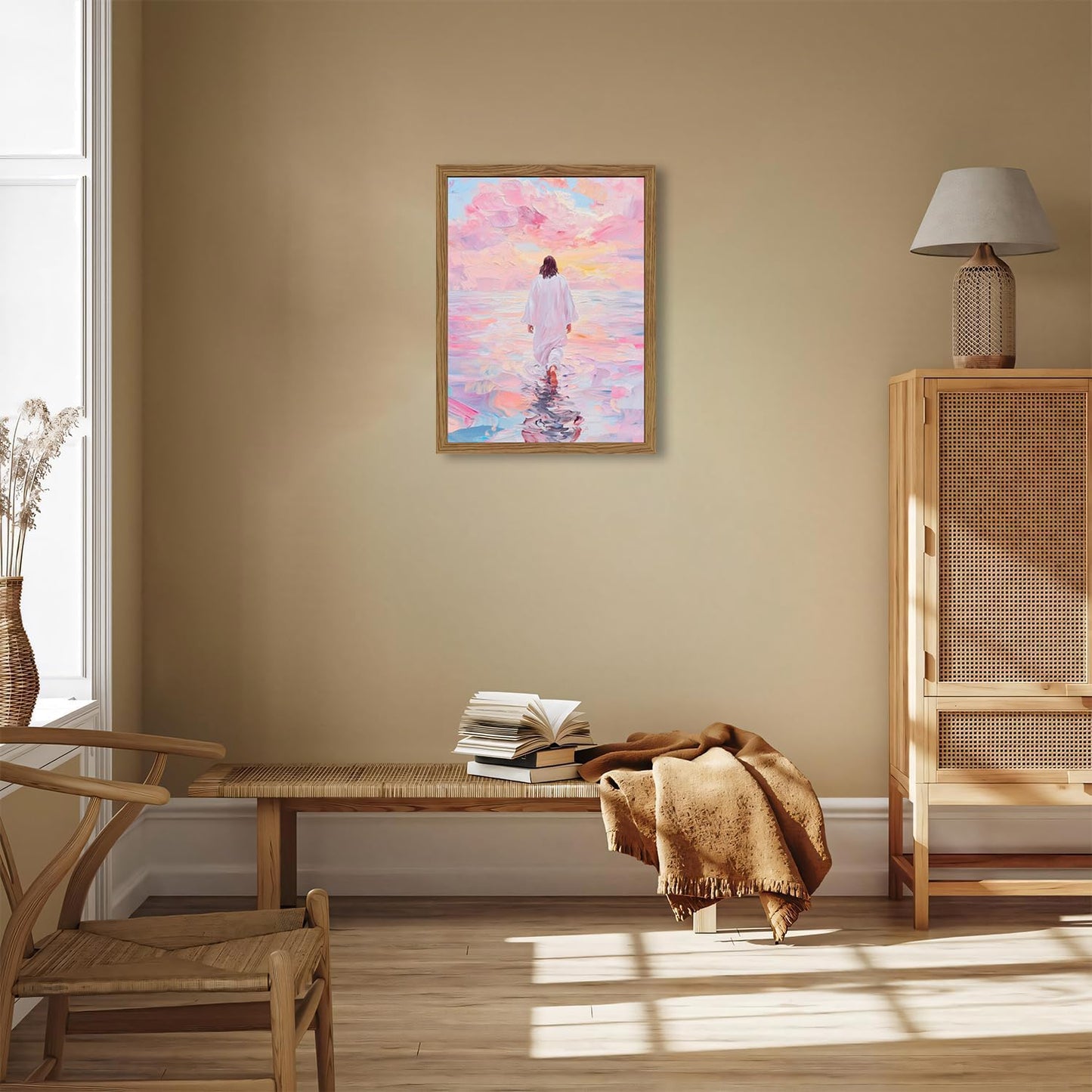 Pink Jesus Walking On Water Wall Art, Frame 3D Textured Hand Drawn Sandstone Christian Wall Decor Paintings Religious Savior Pictures for Living Prayer Room Bedroom, 12x16 in Wood Framed