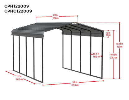 Arrow Carports Galvanized Steel Carport, Full-Size Metal Carport Kit, 12' x 20' x 9', Charcoal