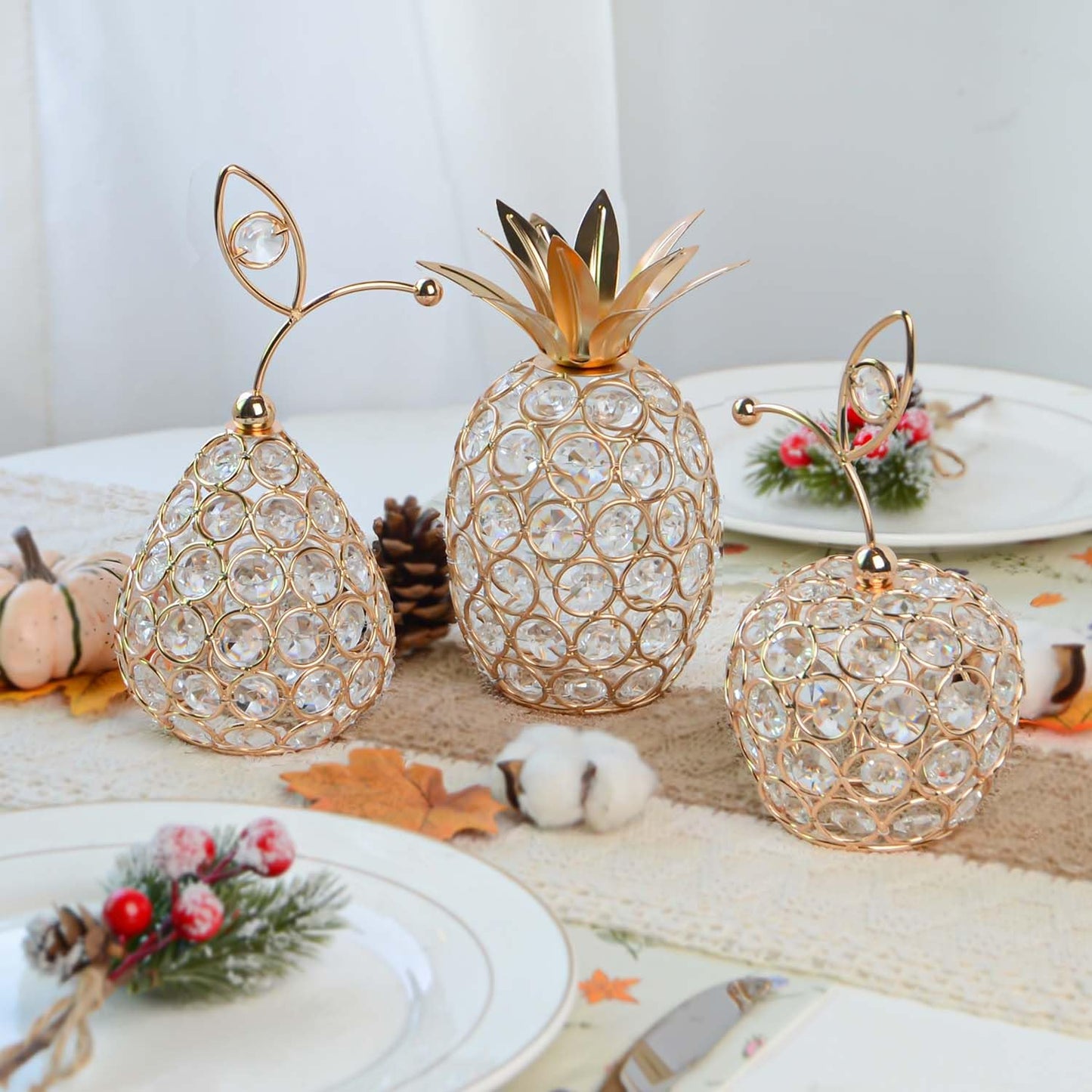 Kehail Set of 3 Elegance Crystal Metal Pineapple Pear Table Centerpiece Handmade Crystal Candlestick Hollow Fruit Ornament Home Party Wedding Holiday Decoration (Gold, Set of 3)