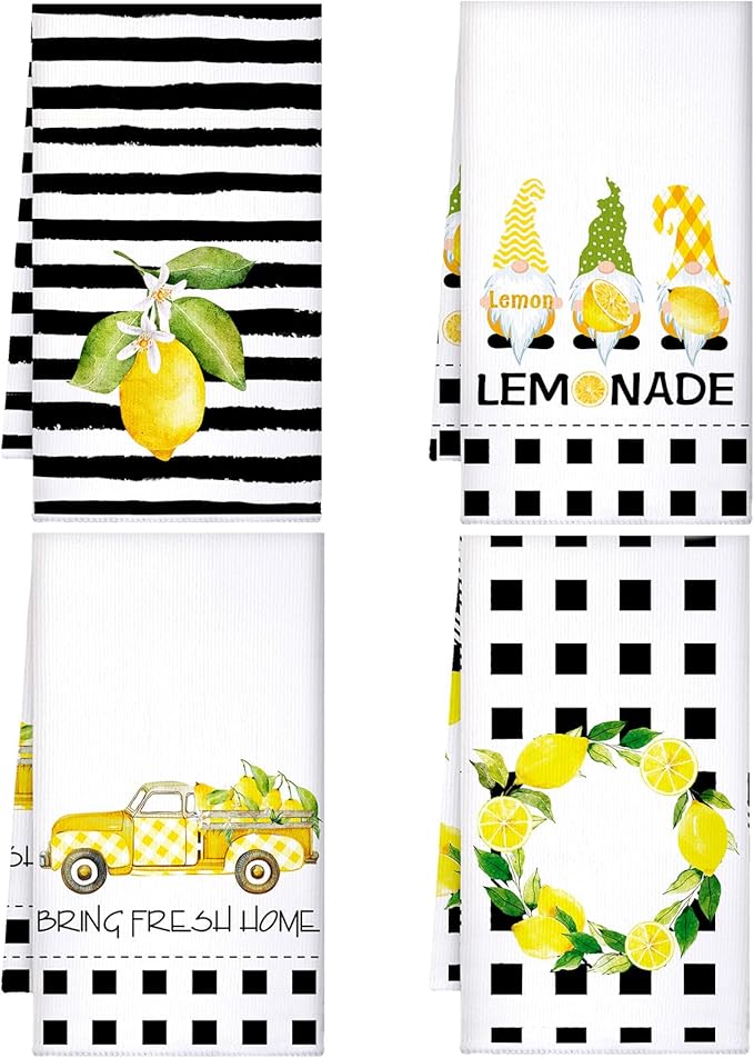 Bencailor 4 Pcs Lemon Kitchen Towels Lemonade Dish Towels Gnome Black and White