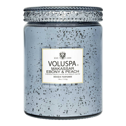 Voluspa Makassar Ebony & Peach Candle | Large Glass Jar | 18 Oz | 100 Hour Burn Time | Coconut Wax for Clean Burning |