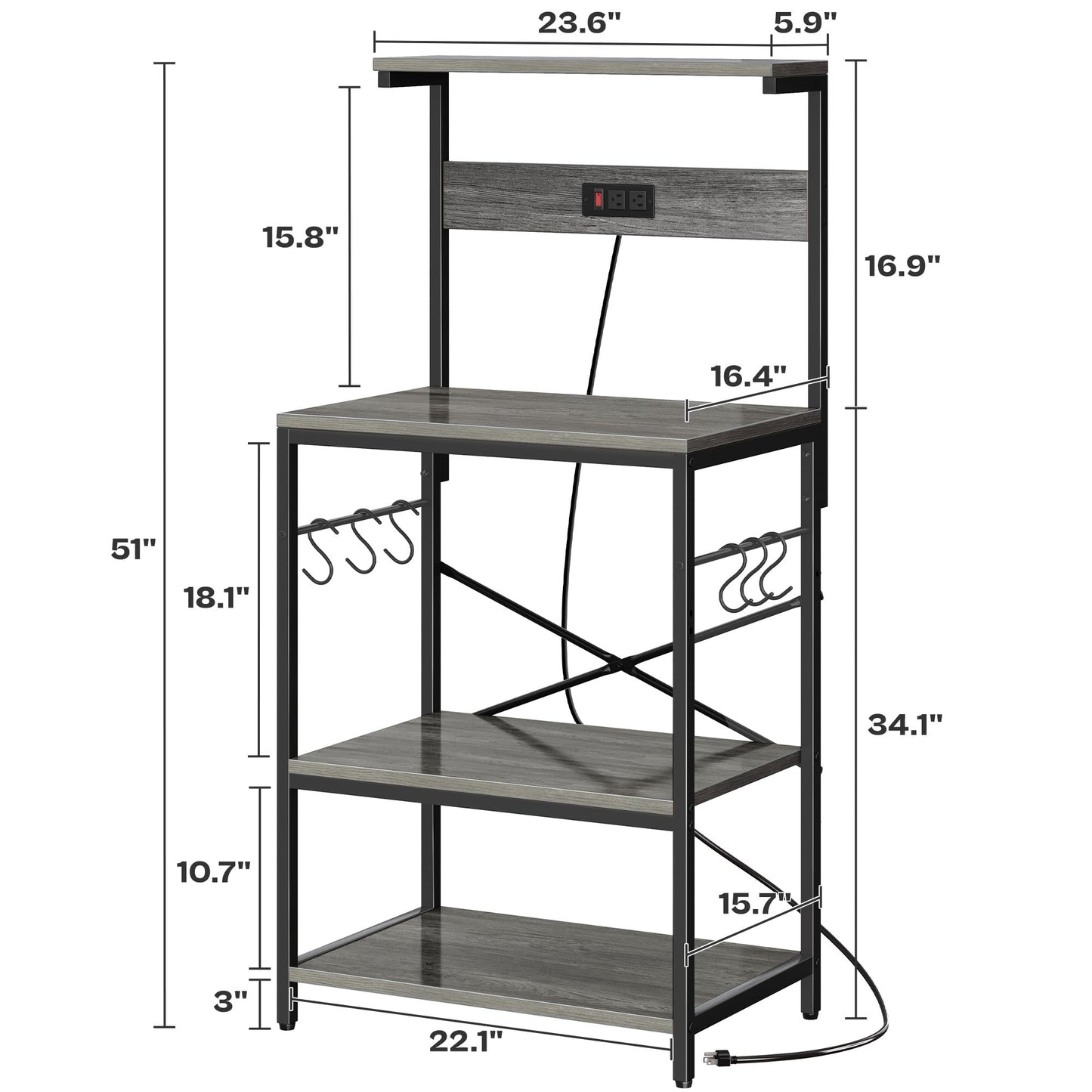 SUPERJARE Kitchen Bakers Rack with Power Outlet, Coffee Bar Table 4 Tiers, Kitchen Microwave Stand with 6 S-shaped Hooks, Storage Shelf Rack for Spices, Pots and Pans - Rustic Brown