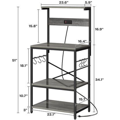 SUPERJARE Kitchen Bakers Rack with Power Outlet, Coffee Bar Table 4 Tiers, Kitchen Microwave Stand with 6 S-shaped Hooks, Storage Shelf Rack for Spices, Pots and Pans - Rustic Brown