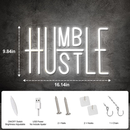 Hustle LED Neon Sign for Wall Decor, Words LED Neon Lights Party Decorations, USB Powered Switch Brightness Adjustable for Office Room, Gym Room, Man Cave, Gamer Room Decor (Hustle (White))
