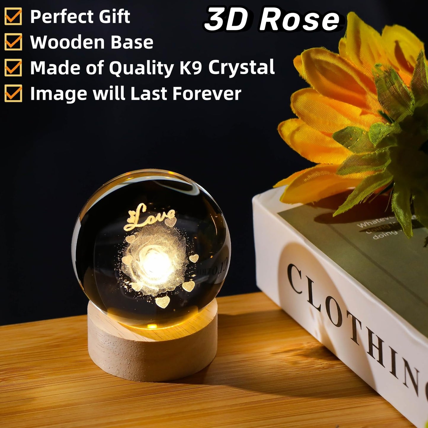 Arikyrist 3D Rose Crystal Ball Gift for Girlfriend, Laser Engraved Rose Flower Glass Sphere Home Decor, Crystal Ball Night Light with Wooden Light Base