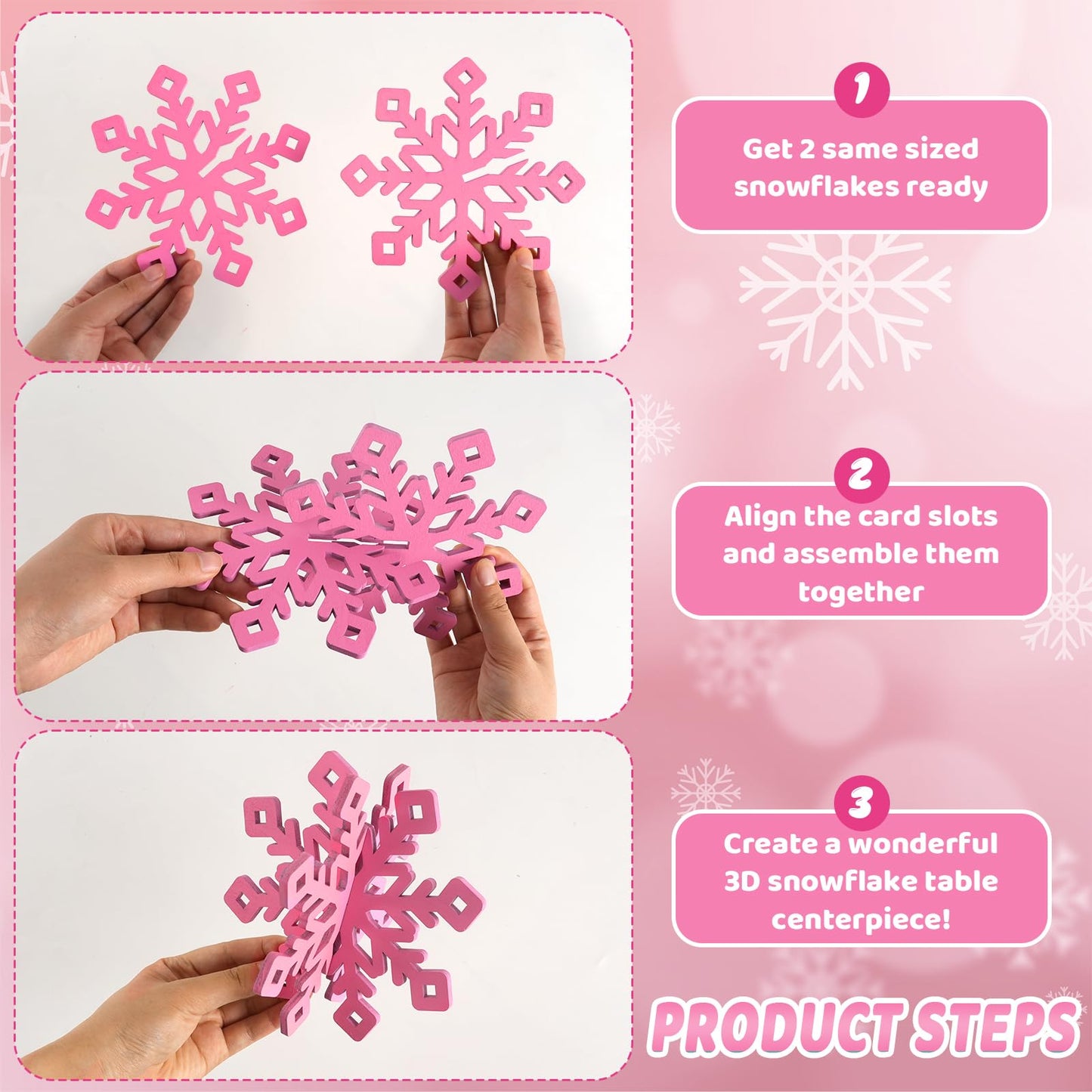 OuMuaMua 12 Set Snowflake Christmas Table Decorations - 24pcs Pink White Wooden 3D Snowflake Decor Tabletop Centerpieces for Christmas Party Supplies Home Decor