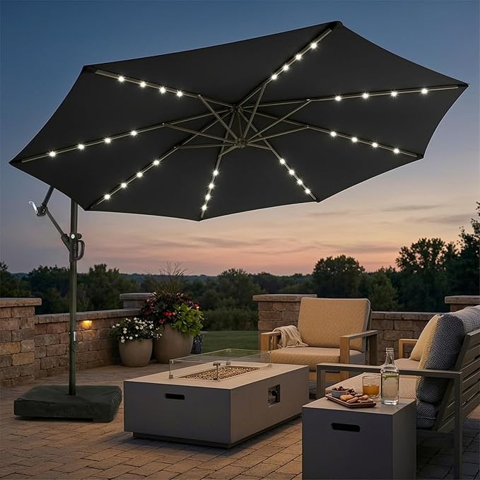 wikiwiki 10ft Solar LED Patio Umbrella with Base Included, Offset Umbrella with Weighted Sandbag Base, Cantilever Patio Umbrellas for Backyard, Garden & Deck, 32 LED Lights & Polyester Shade, Black