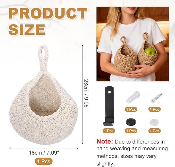 uxcell Hanging Fruit Baskets for Kitchen, Hand-Woven Wall Hanging Storage Jute