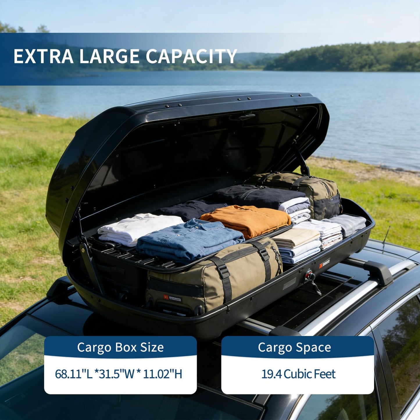 Rooftop Cargo Box Carrier, 14 Cu ft Hard Shell Rooftop Cargo Carrier - Dual-Side Opening, Universal Car/SUV Fit, Waterproof ABS Material, 165Lbs Capacity w/Secure Straps & Keys