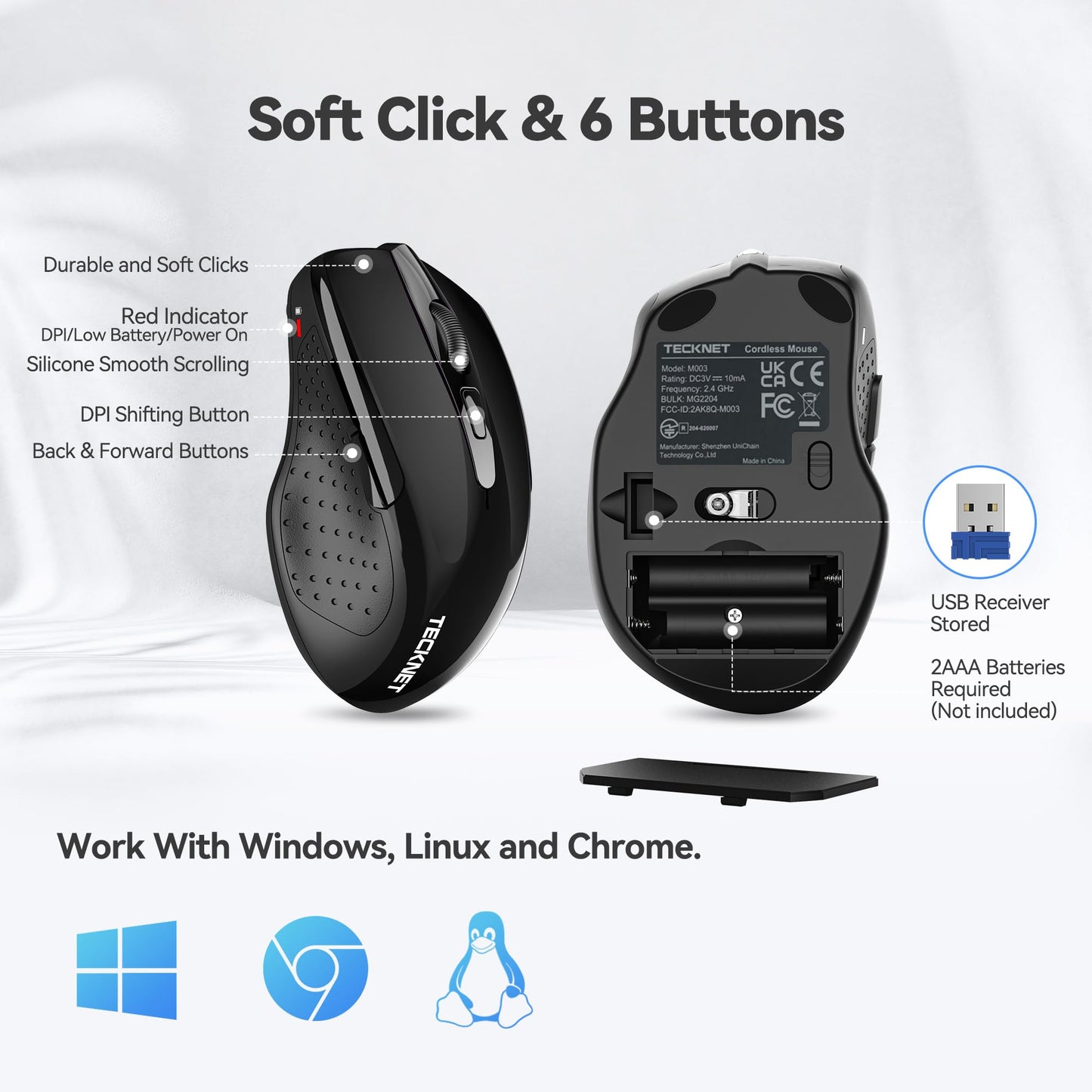 TECKNET Wireless Mouse, 2.4G Ergonomic Optical Mouse, Computer Mouse for Laptop, PC, Computer, Chromebook, Notebook, 6 Buttons, 24 Months Battery Life, 2600 DPI, 5 Adjustment Levels