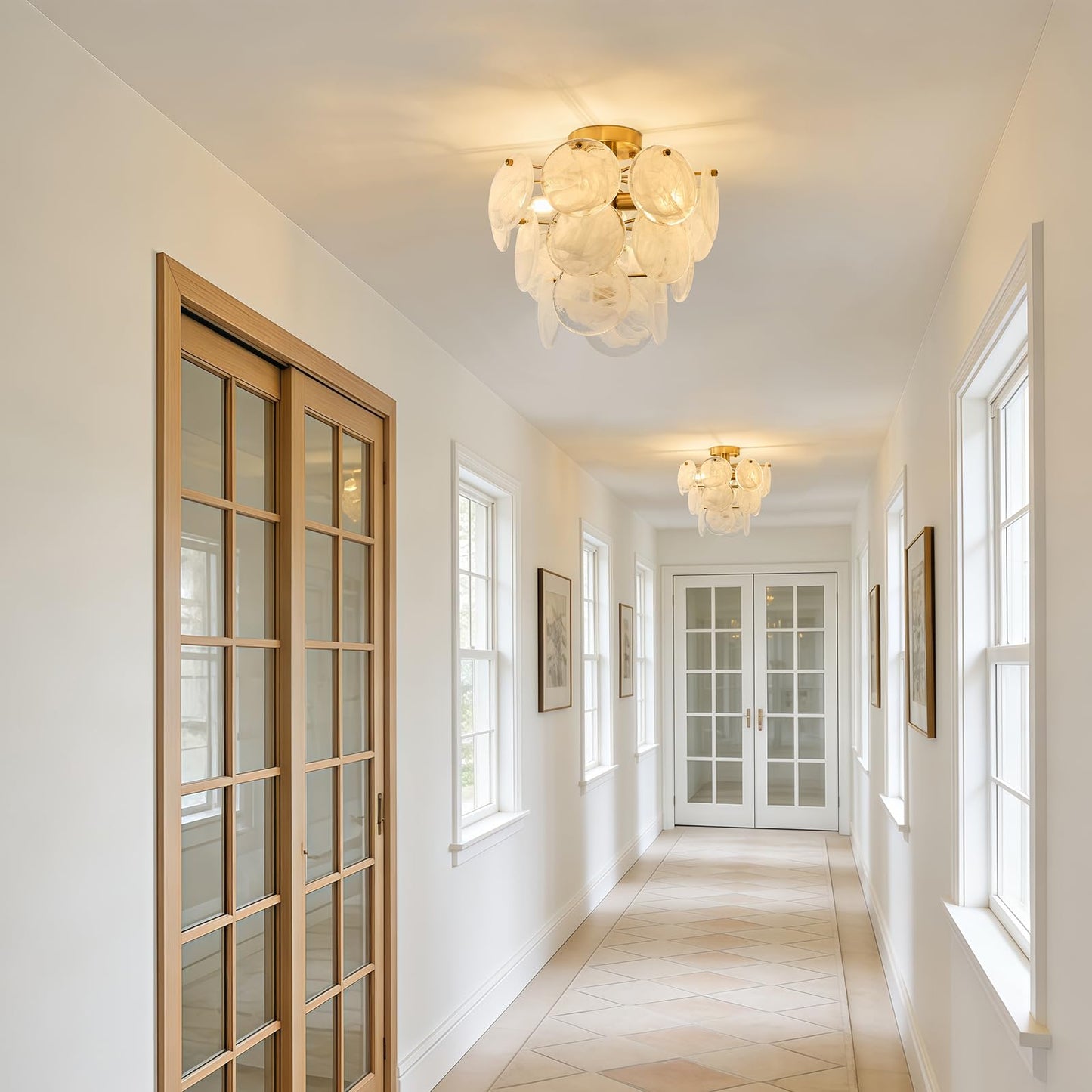 LOZOHOM 15" Brass Gold Semi Flush Mount Ceiling Light,13 lb Sturdy Vintage Flush Mount Chandelier with Unique Cloud Glass, 4-Light Modern Hallway Light Fixtures for Bedroom Laundry Room Foyer Entryway