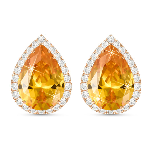Linawe Yellow Orange Imitation Diamond Stud Earrings for Women, Rose Gold Citrine Crystal Cubic Zirconia Teardrop Rhinestone Earrings Studs, Wedding Bridal Bridesmaid Jewelry