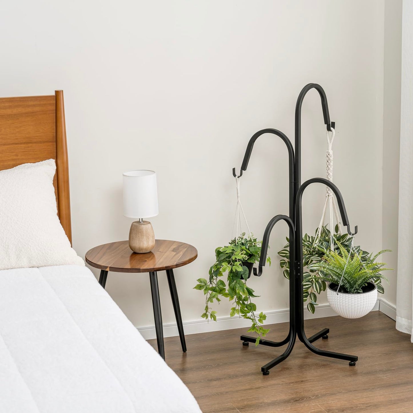 MyGift Floor Standing Planter Pot Stand, Industrial Matte Black Metal Heavy Duty Freestanding Plant Basket Hanger Rack with 4 Way Hanging Hooks
