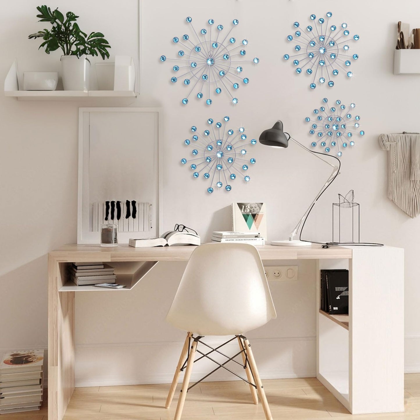 Primst Starburst Star Wall Decor, 4 Pcs Bling Crystal Wall Decor, Metal Wall Art, Iron Rhinestones Sunburst Home Decorative for Living Room Bedroom Entryway Office