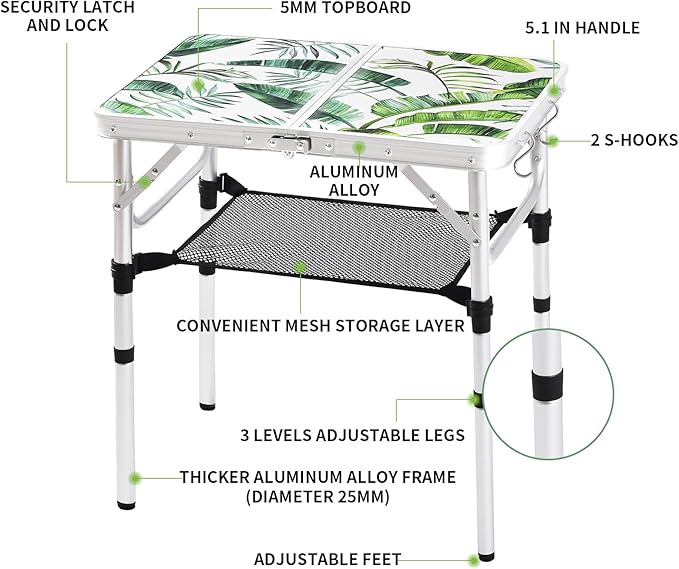 Folding Camping Table 2ft Portable Picnic Table Adjustable Height Small Card