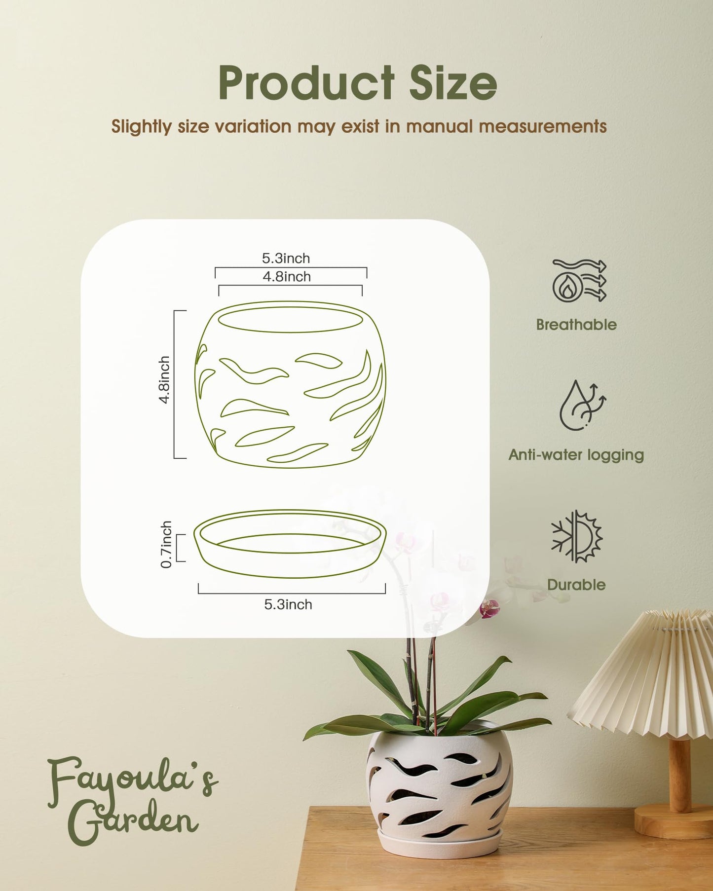 Fayoula Ceramic Orchid Pot with Holes & Saucers, 5.5 inch Plant pots for Indoor and Outdoor use, Wind-Worn Texture Cutout Promoting air Circulation and Drainage(Pots Only)