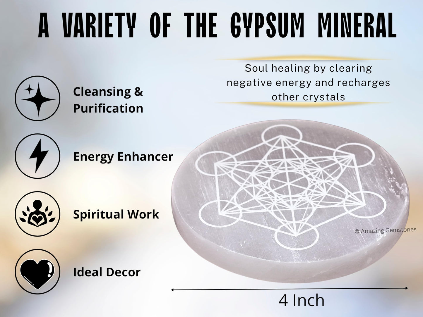Amazing Gemstone Selenite Crystal Charging Plate for Crystals and Healing Stones, 4" Selenite Crystal Plate Engraved Metatron Cube Coaster for Home, Office Table Decor (Selenite Round Disc)
