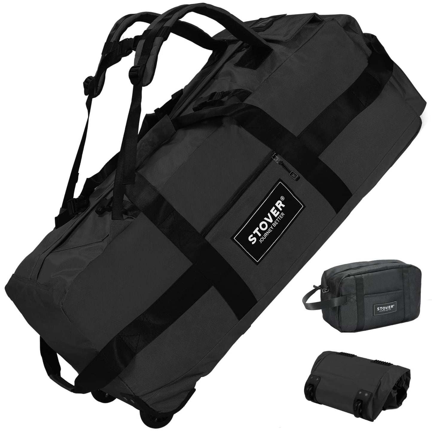 STOVER 45/80/100L Rolling Duffel Bag with Wheels, X-Large Durable Travel Duffle + Toiletry Bag, Heavy Duty, Packable with Shoulder Straps- Use as Luggage or Backpack, Men/Women (Black)