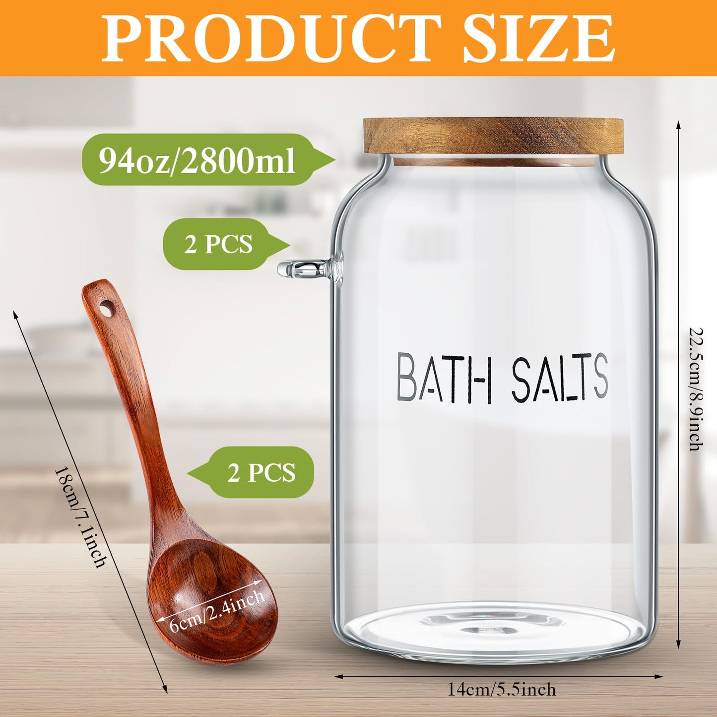 SiliFine 1 Piece 94 oz Bath Salts Glass Jar with Wooden Lid, Bath Salt Container with Scoop, Airtight Storage Bathtub Accessories for Women