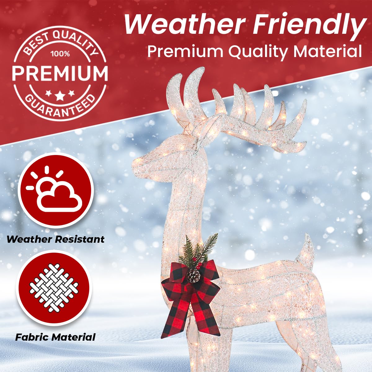 3-Piece White Fabric Reindeer Family - Lighted Deer Set - 210 Lights 52" Buck 44" Doe 28" Fawn - Large Deer Family for Indoor or Outdoor Christmas Decorations Yard Art