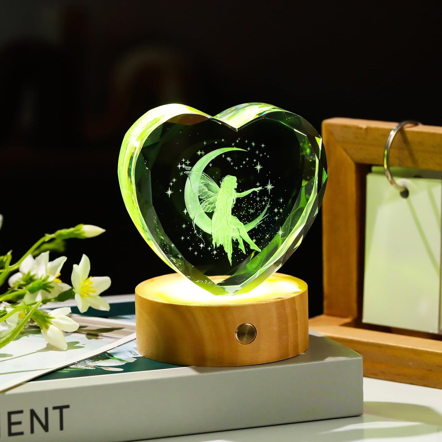 Arikyrist 3D Moon Fairy Figurines Crystal Heart for Women with Wooden Light Base - Glass Statue Witchy Gift for Girls Fairy Lovers Women Collectible Tinkerbell Night Light Home Decor