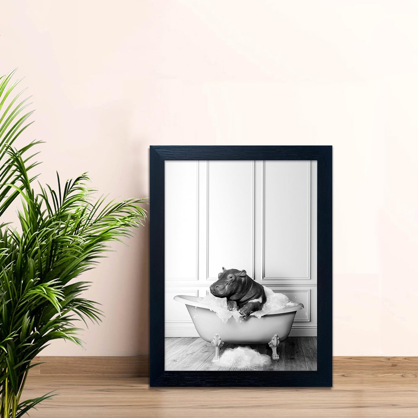 Bathroom Picture Wall Decor, Framed Black and White Bathroom Wall Art, Toilet Paper in Little Funny Raccoon's Hand Animal Canvas Print Painting