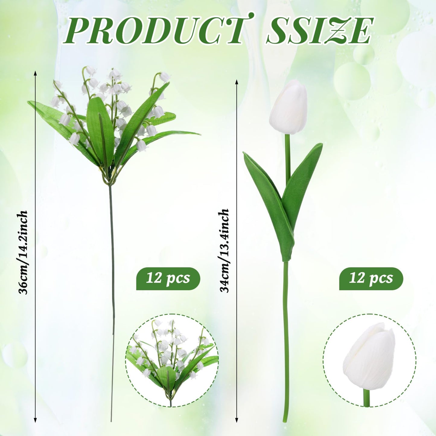 Hoteam 24 Pcs Artificial Lily of The Valley, Lifelike PU Faux Tulips, Fake Flowers Bouquet Floral Arrangements for Spring Home Decor, Spring Centerpiece, Wedding Bridal Party (White & Green)