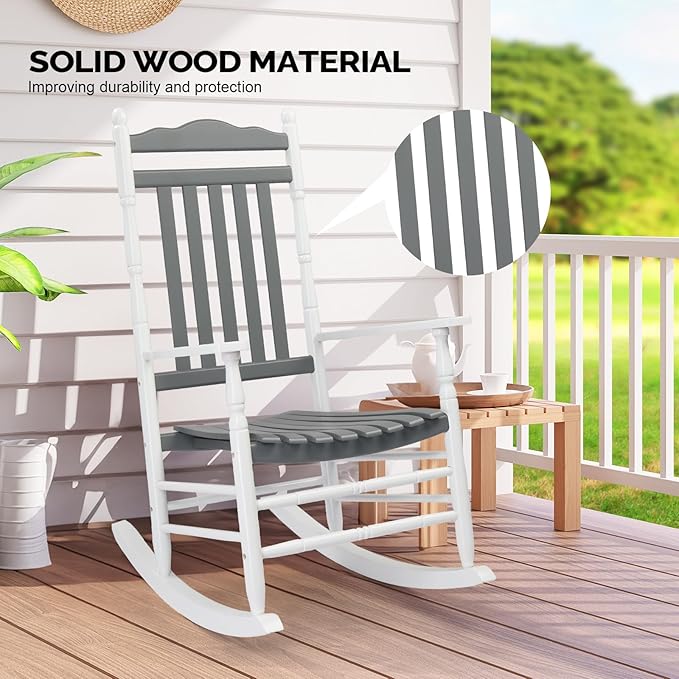 VINGLI Wooden Rocking Chair, Outdoor Chair with 450 lbs Support, Relaxing Rocker with Solid Wood High Back Seat Reclining Seat for Deck, Garden, Backyard, Porch (White & Grey, 2PCS)