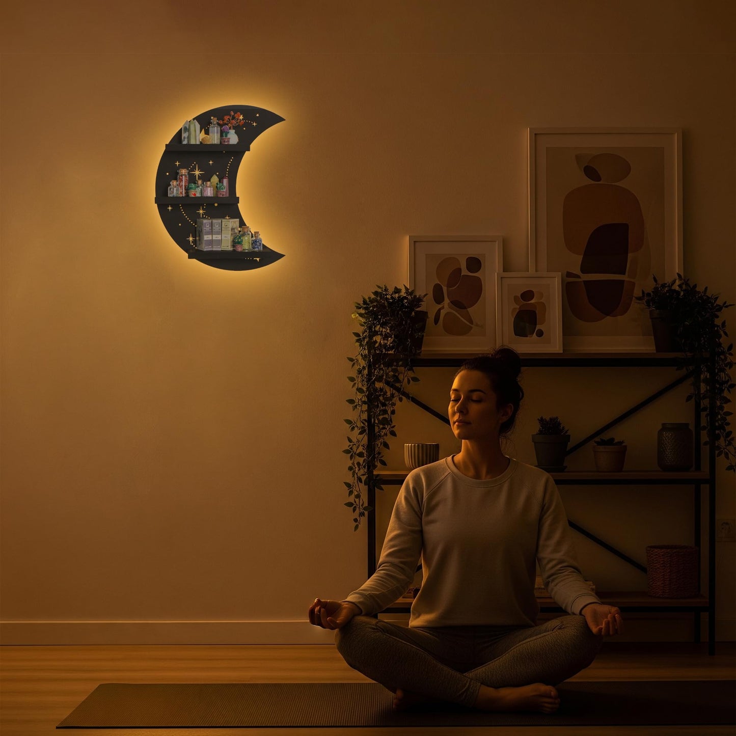 FNYDOX Crescent Moon Shelf with LED Light, Trinket Shelf & Moon Wall Light for Rocks Gems Healing Stones Crystals Display Shelf, Celestial Decor Crystal Holder Witchy Wall Decor