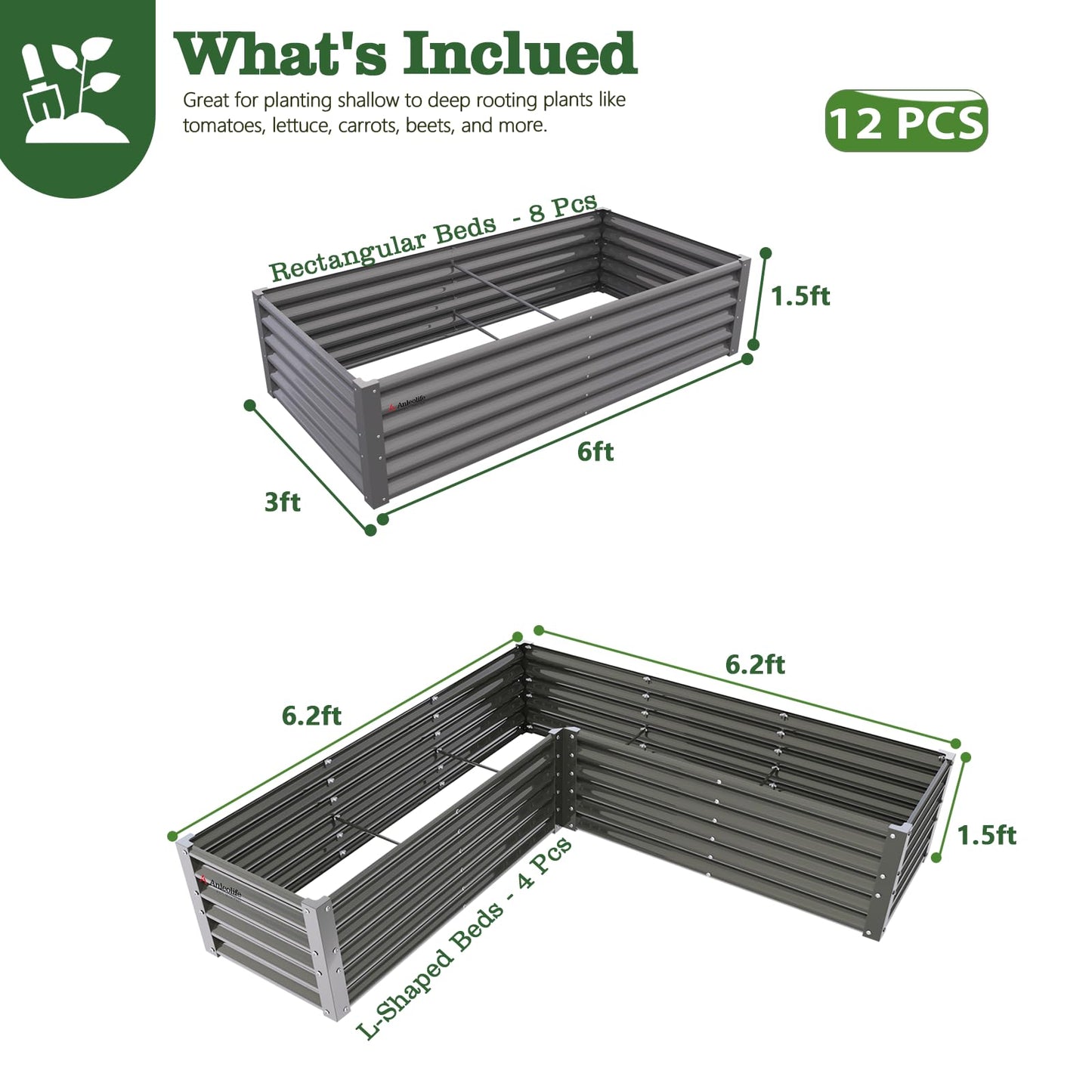 A ANLEOLIFE Set of 12 18 Inch Tall Raised Garden Beds Kit, Rectangular & L-Shaped Combo Metal Planters – Ideal for Backyard DIY Creative Layouts, Quartz Grey