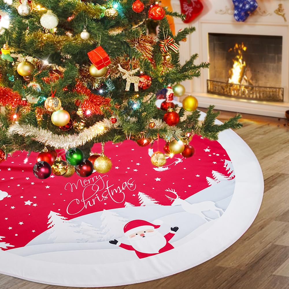 Multiwins Christmas Tree Skirt 48 inches, Red Tree Skirt Ornaments Soft Plush Christmas Tree Mat with Cute Santa Claus White Reindeer Christmas Tree Skirts for Holiday Party Indoor Outdoor