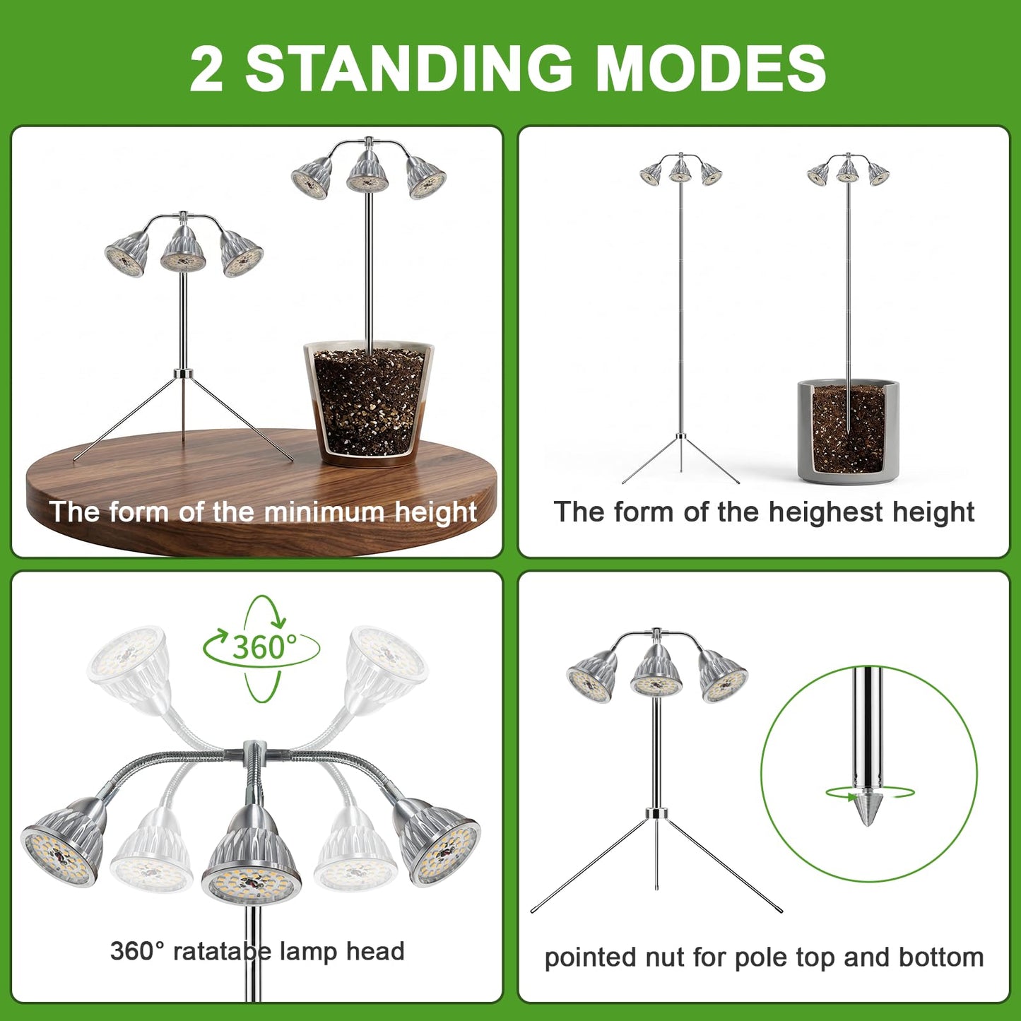 Full Spectrum Grow Light for Indoor Plants with Adjustable Tripod Stand, 11''- 60'' Height Plant Grow Lamp with Auto Timer 3/9/12H, LED Plant Light for Houseplants, Seedlings, Flowers & Indoor Garden