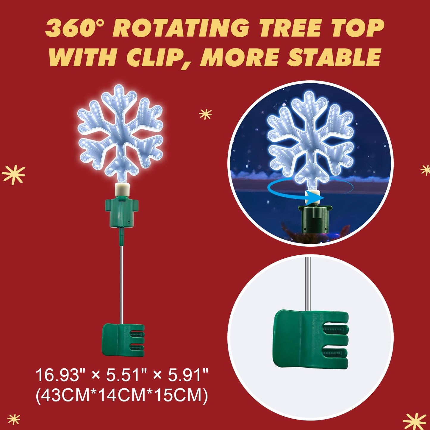 Christmas Tree Topper Lighted with White LED Lights, 360° Rotating Snowflake Tree Topper Ornament with Clip, Infinity Mirror Tree Topper Snowflake for Xmas Party Holiday Christmas Decorations