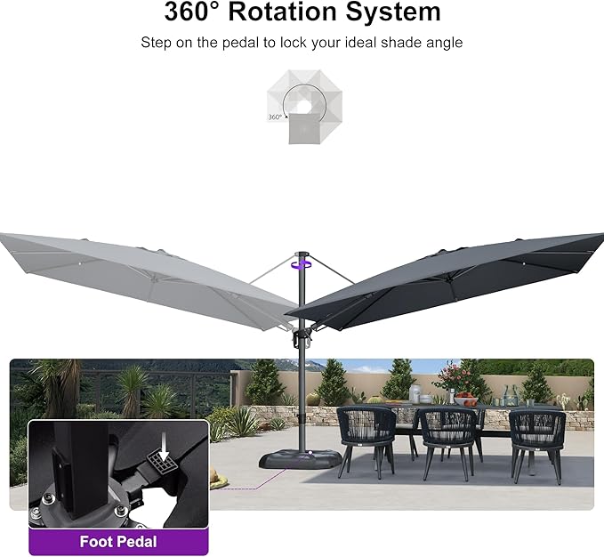 PURPLE LEAF 11.5' X 8.2' Tilting Patio Umbrella with Base Outdoor Cantilever Swivel Rectangle Umbrella Aluminum Offset Umbrella with 360-degree Rotation for Garden Deck Pool Patio Light Grey