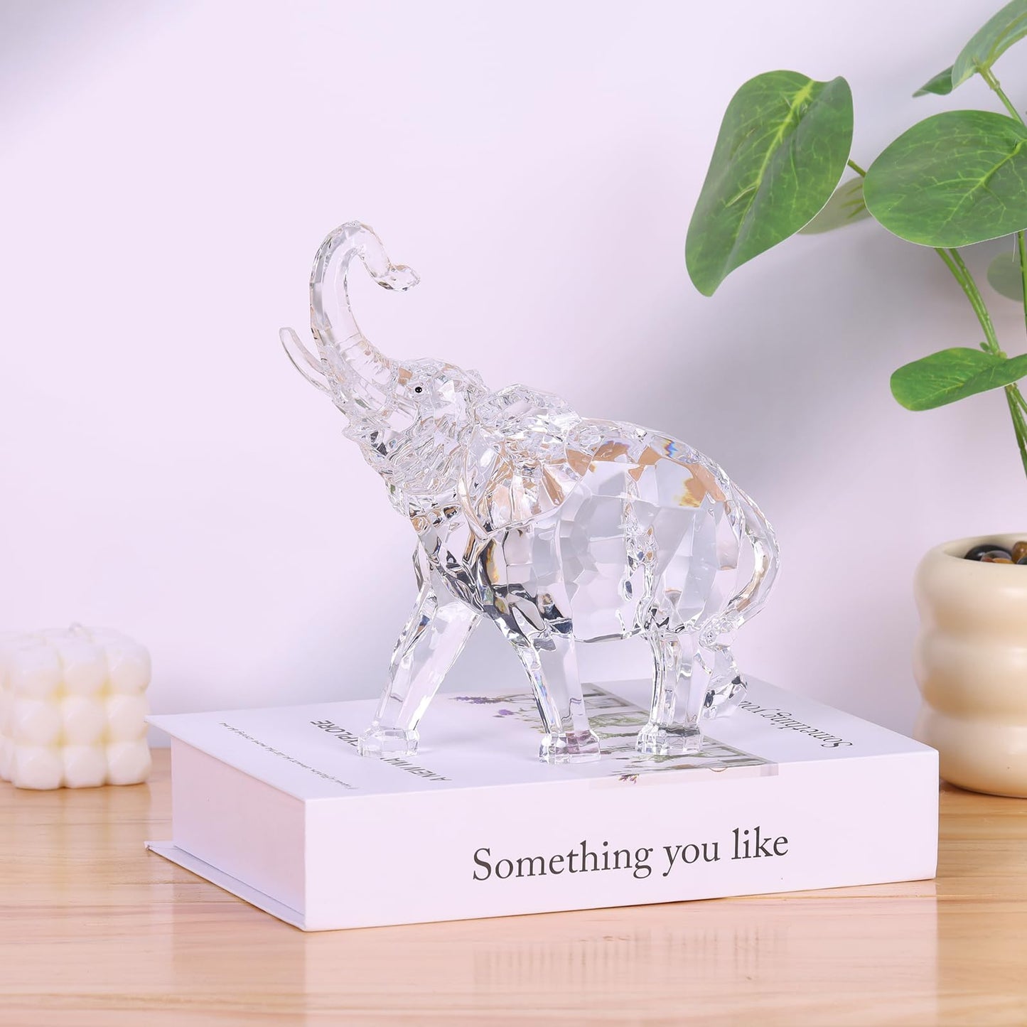Acrylic Clear Elephant Figurines Crystal Glass Finish, High End African Statues for Home Decor, Elephant with Trunk up, Large Elephants Statue Sculpture, Lucky Gifts Office Feng Shui Elephants