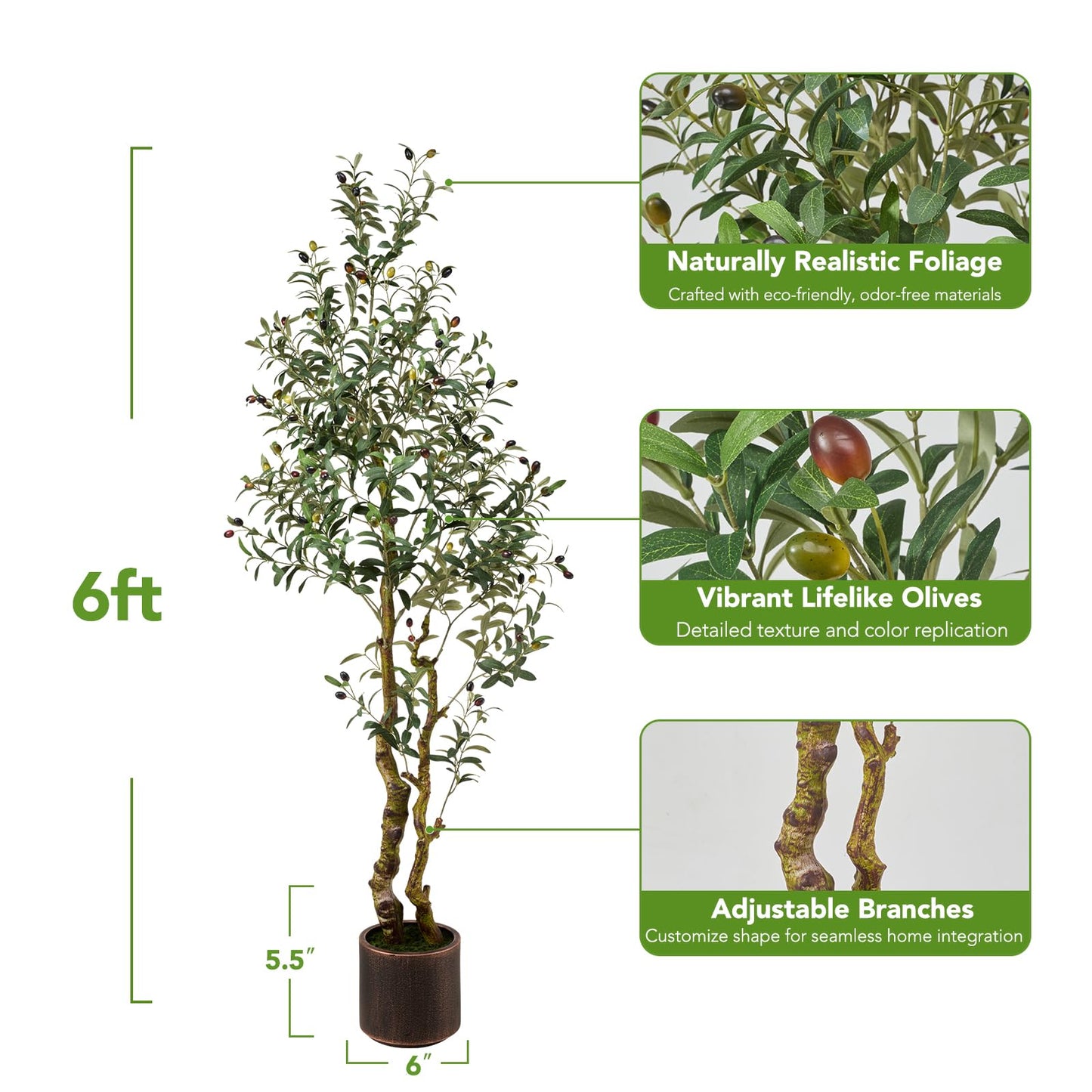 6FT Realistic Artificial Olive Tree with Fruits & Leaves-Premium Faux Tree for Modern Home, Living Room, Office Decor, Luxury Indoor Plants for Leather Sofa & Wood Furniture