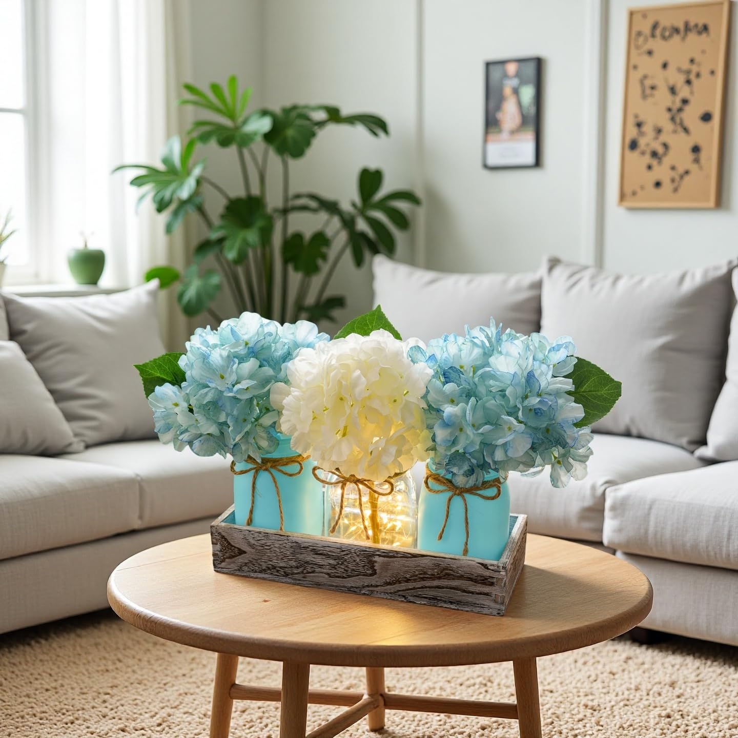 Coastal Beach Decor, Mason Jar Lights Beach Party Themed Decorations Centerpieces with Hydrangea, Sarfish Decor, Wood Tray, Coastal Beachy Table Summer Decoration for Dining Room Coffee Kitchen